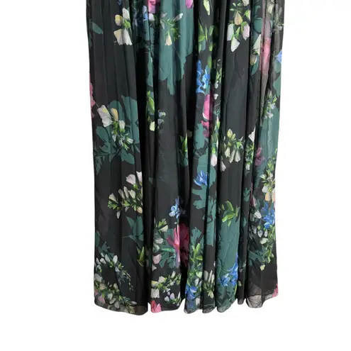 Badgley Mischka Black Floral Print Long Sleeve V-Neck Pleated Chiffon Gown 12