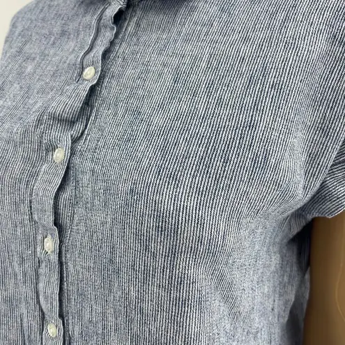 Weatherproof (S) Blue Pinstripe Washable Linen Cap Sleeve Knot Tie Crop Top