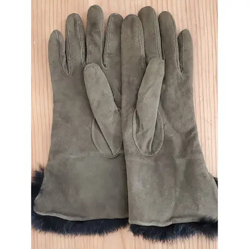 VTG Rabbit Fur Cuff Gloves Ladies Women Size 6.5 Green Leather Black Mob Wife