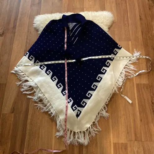 Women’s Knitted Sweater Poncho w/Tassels & Fringe Navy Blue & White EUC OS Size L