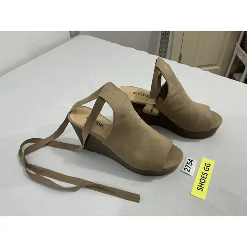 Womans Just Fab Gilina Size 8.5 Tan Faux Suede Peep Toe Strap Wedge Sandals Brown