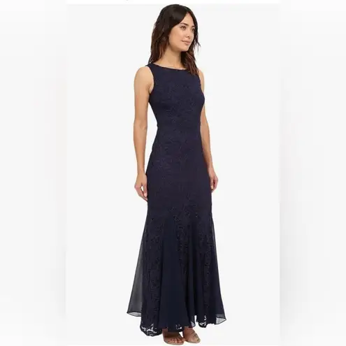 Sangria Navy Blue Lace Mermaid Godet Hem Maxi Dress Formal Gown by