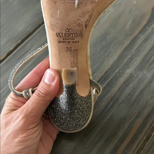 Valentino Nude Sandals with Glittering Black Straps Size 36 GUC straight legged Tan