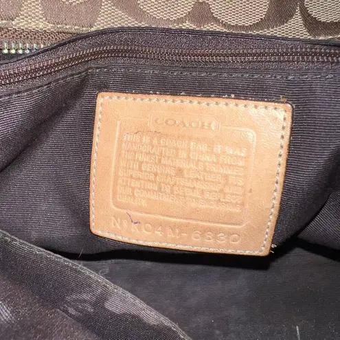 Coach  Hampton Signature Monogram Brown Tan Leather Trim Tassel Handbag Purse