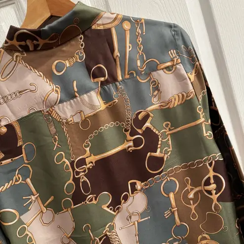 J. McLaughlin Silk Blend Equestrian Print Button Down Blouse Green Brown Small
