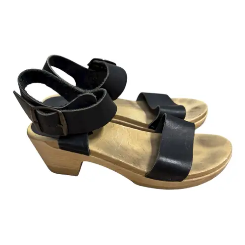 No.6 Black Leather Clog Sandals Wooden Platform Ankle Strap Size 38 US 7.5
