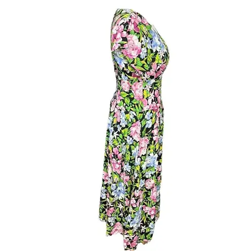 Vintage 80’s/90’s All That Jazz Black Floral Dress Fit and Flare Midi Style S Green