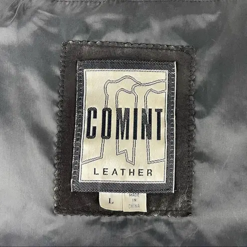 VTG Comint Leather Jacket with croc details and shoulder pads Size Large Brown