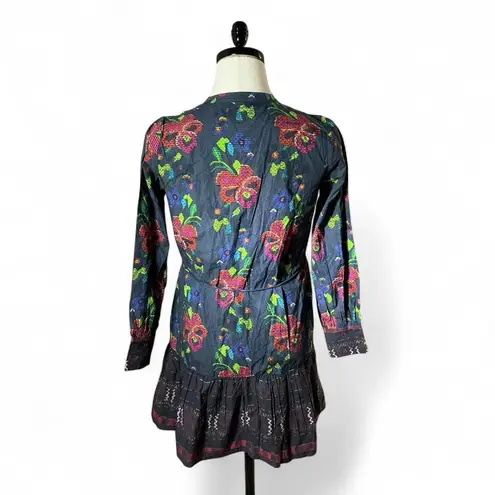 Floral Print Dress Long Sleeve Mini Dress Colorful Bohemian Dress Black
