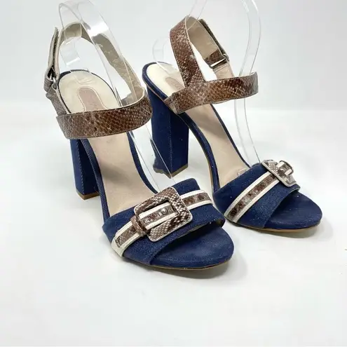 Joan & David  Denim Snakeskin Leather Chunky Block High Heel Y2K Buckle Shoe 10