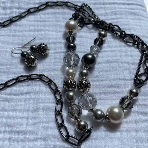 Brighton  CONTEMPO CHIC‎ Gunmetal Pearl Double Strand Necklace Earrings Matching