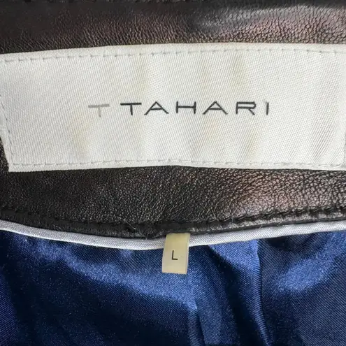 T Tahari Black Leather Collarless Zip Front Jacket Women's Size L