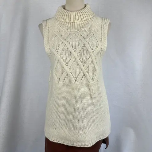 Cream Cable Knit Turtleneck Sleeveless Sweater Vest Women's Small Cozy Casual White
