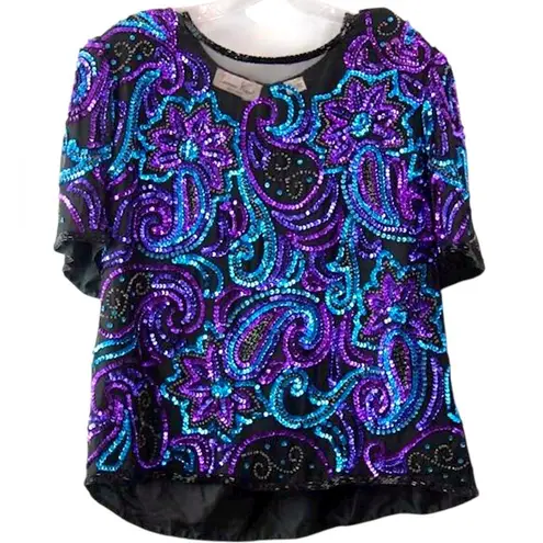 Laurence Kazar XL Silk Sequin Beaded Top Black Purple Teal Vintage Short Sleeve