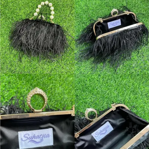 Black Ostrich Feather Bag with Pearl Strap and Crossbody Chain NWOT