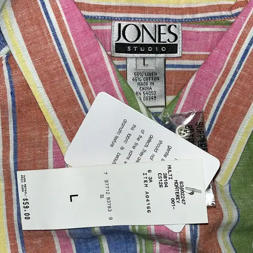 Jones Studio NWT Size L Rainbow Stripe Linen Blend Button Down Shirt Top