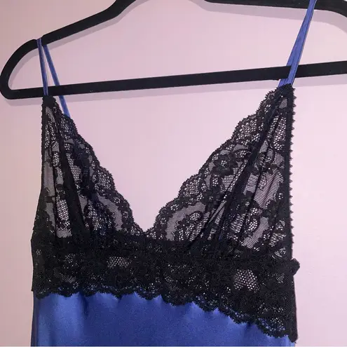 Christine Lingerie Silk Chemise Slip Night Dress Women Size S Mini Lace Sexy Blue