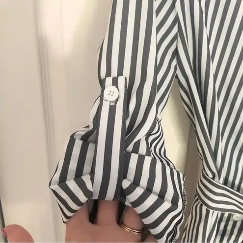 Vertical Stripe Button Down Shirt Dress Tie Waist Size Small Blue Gray and White