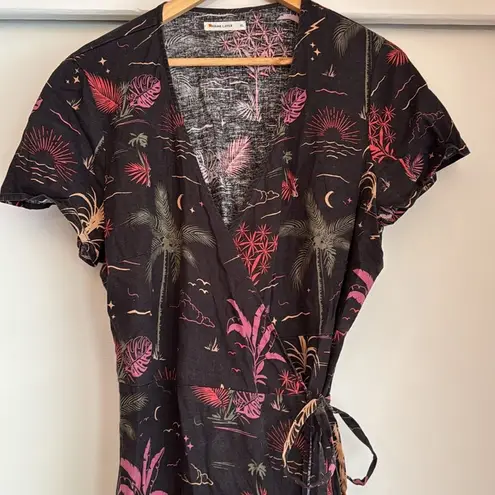 Marine layer XL Emyln Midi Wrap Dress Black Beach Wizard Print Hemp Blend