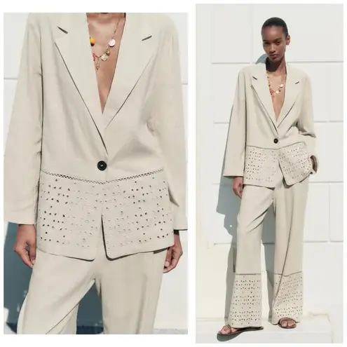 ZARA  Tan Linen Blend Eyelet Blazer Size Small Lightweight Chic Minimalist