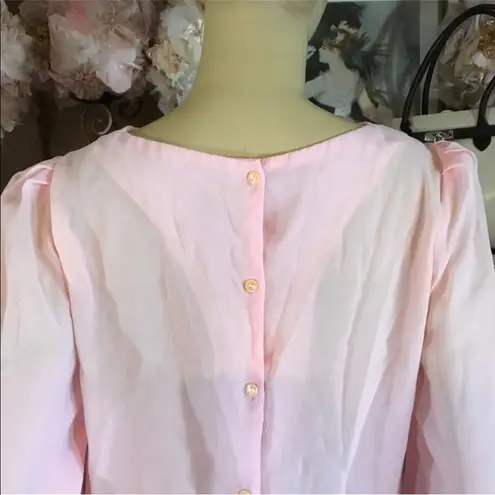 VINTAGE KLE PINK PLEATED RUFFLE BACK BUTTON PUFFED SLEEVE BLOUSE (S)