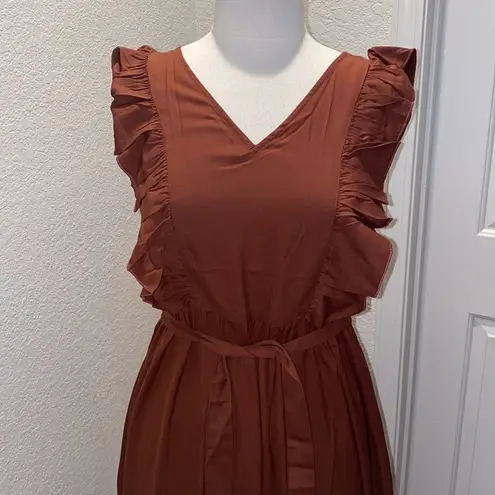 VERO MODA Odette Brown Ruffle Calf Dress NWT Sz M Women’s Polyester Tie Back