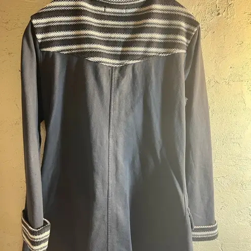 prAna Grey Coat with Striped Collar, stripe details at collar and cuffs, longer