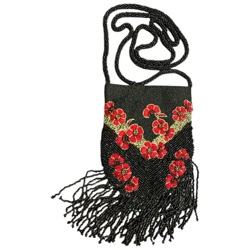 VTG.Island Imports Christian Livingston Blk & Red Floral Micro Beaded Fringe Bag