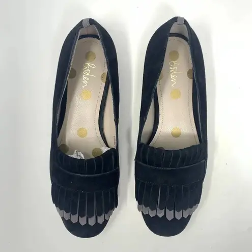 Boden Melody Suede Loafers Black & Pewter Fringe Flats Size 36 / US 5.5