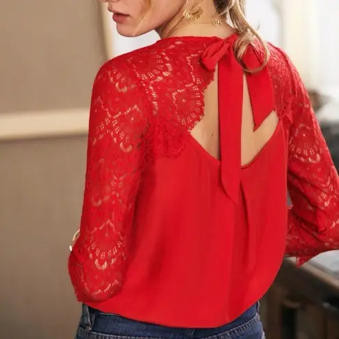 Sézane Sezane Adeline Top Blouse Red Silk Lace Sleeve size 34 XS Small