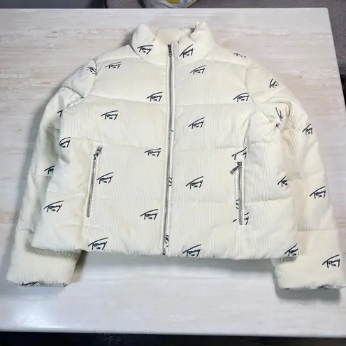 Tommy Jeans Corduroy Puffer Jacket Cream All Over Logo Embroidered Size M White Size M