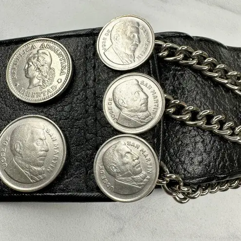 Vintage Argentina Coin Studded Leather Chain Belt Gaucho Western Small (S) ✨ Black