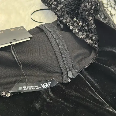 ZARA  Festive Days Black Sequin Fringe Velvet Halter Jumpsuit