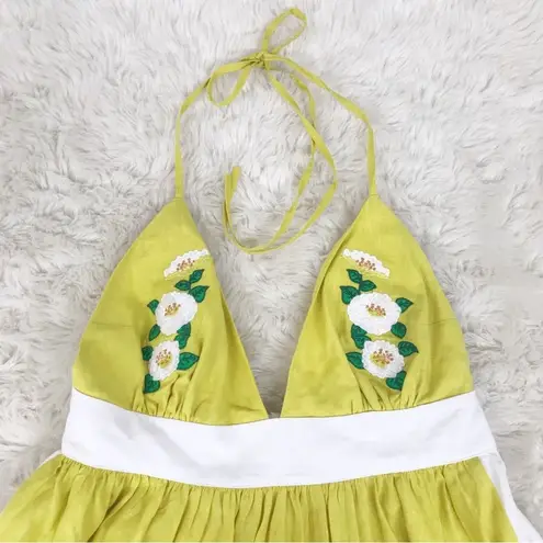 FANM MON Yamile 100% Linen Halter Midi Dress Floral Embroidered Yellow XL New