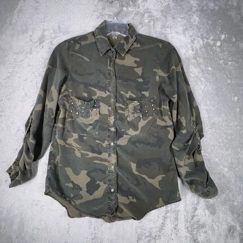 ZARA  Woman Shirt Womens Large Green Brown Camo‎ Studs Grunge Urban Streetwear