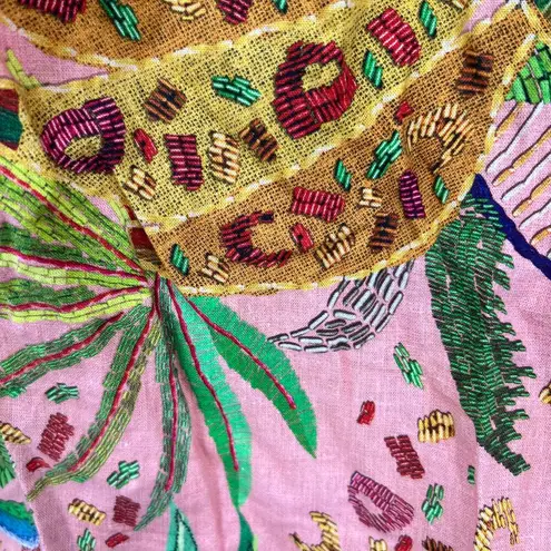 Farm Rio pink mixed fruits mini smocked tropical linen blend dress size XS