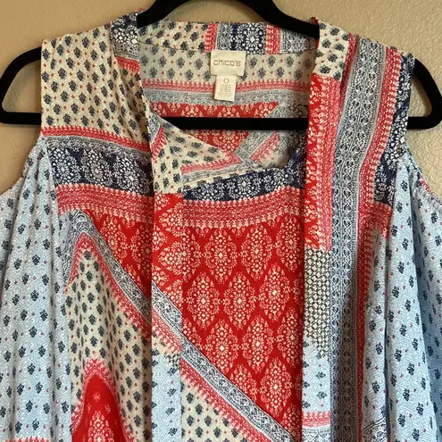 Chico's CHICO’S Size 0 Cold Shoulder Tie Neck Blouse Red Blue Cream Patchwork Bandana