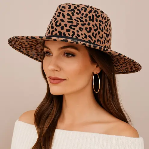 NWT Olive & Pique Leopard Print Wool Wide Brim Fedora Hat Tan Black Boho Fall