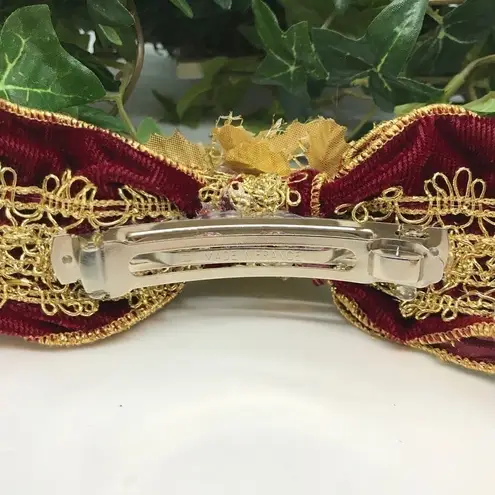 Velveteen Bow Barrette Gold Burgundy Vintage 1980s Red