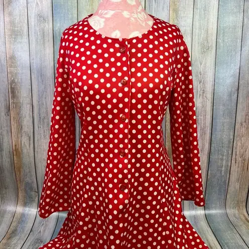 Sears Vintage Red White Polka Dot Dress 80's Long Sleeve Minnie Mouse Midi Dress Size M
