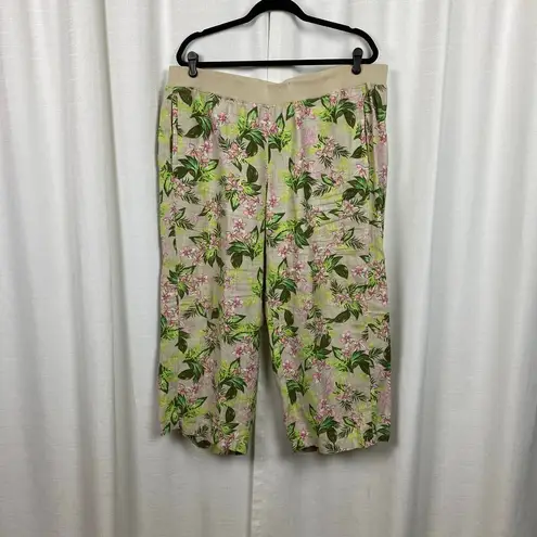 J.Jill Love Linen Beige Floral Linen Cropped Wide Leg Pull On Pants Sz.2X Tan