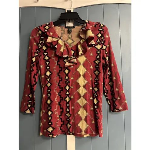 Ralph Lauren Blouse Southwest Aztec Women M Red Ruffle Knit Long Sleeve Top LRL Size M