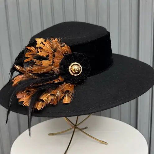 Vintage Black Feather Embellished Wide Brim Hat Small
