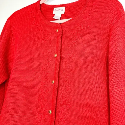 Vintage Crystal Kobe Christmas Sweater Cardigan Embroidered Floral Gold Buttons Red Size M