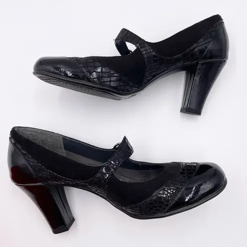 Aerosoles  Role Along Mary Jane Pumps Heels Size 8.5 Black Crocodile Faux Leather