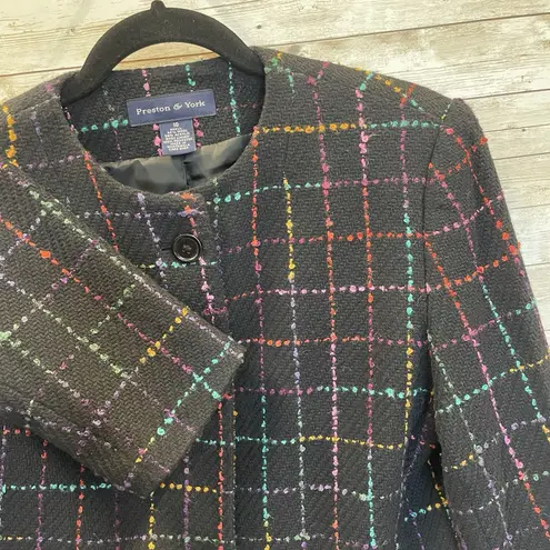 Preston & York Womens 10 Blazer Tweed Black & Pastel Plaid Button Up Wool Blend