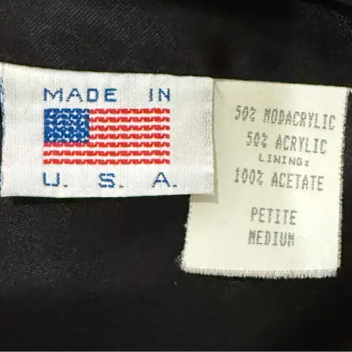 Vintage 80s DonnyBrook Black/White Bow Ribbon Print Faux Fur Coat Size Petite M Black