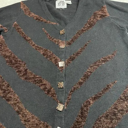 Vintage Storybook Knits Tiger Stripe Cardigan Sweater Women's Large Black FLAW