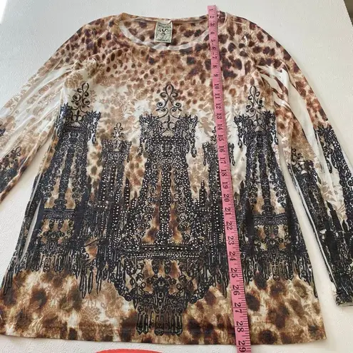 Vocal Chandelier Print Animal Leopard Long Sleeve Top Bling Rhinestone USA Women