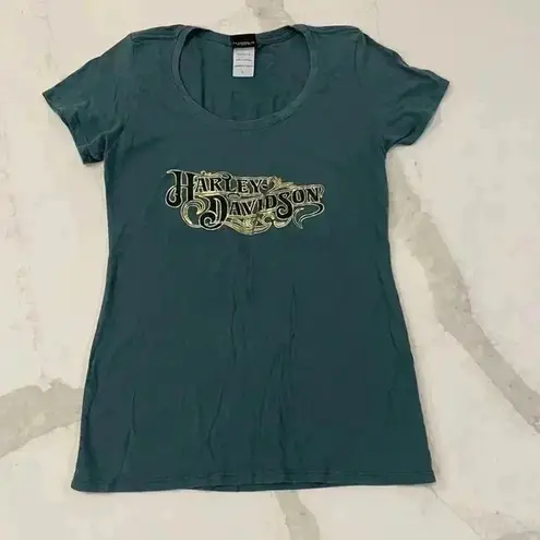 Harley Davidson Motorcycles Gold Graphic T Shirt Valencia Espana Women’s Large Green